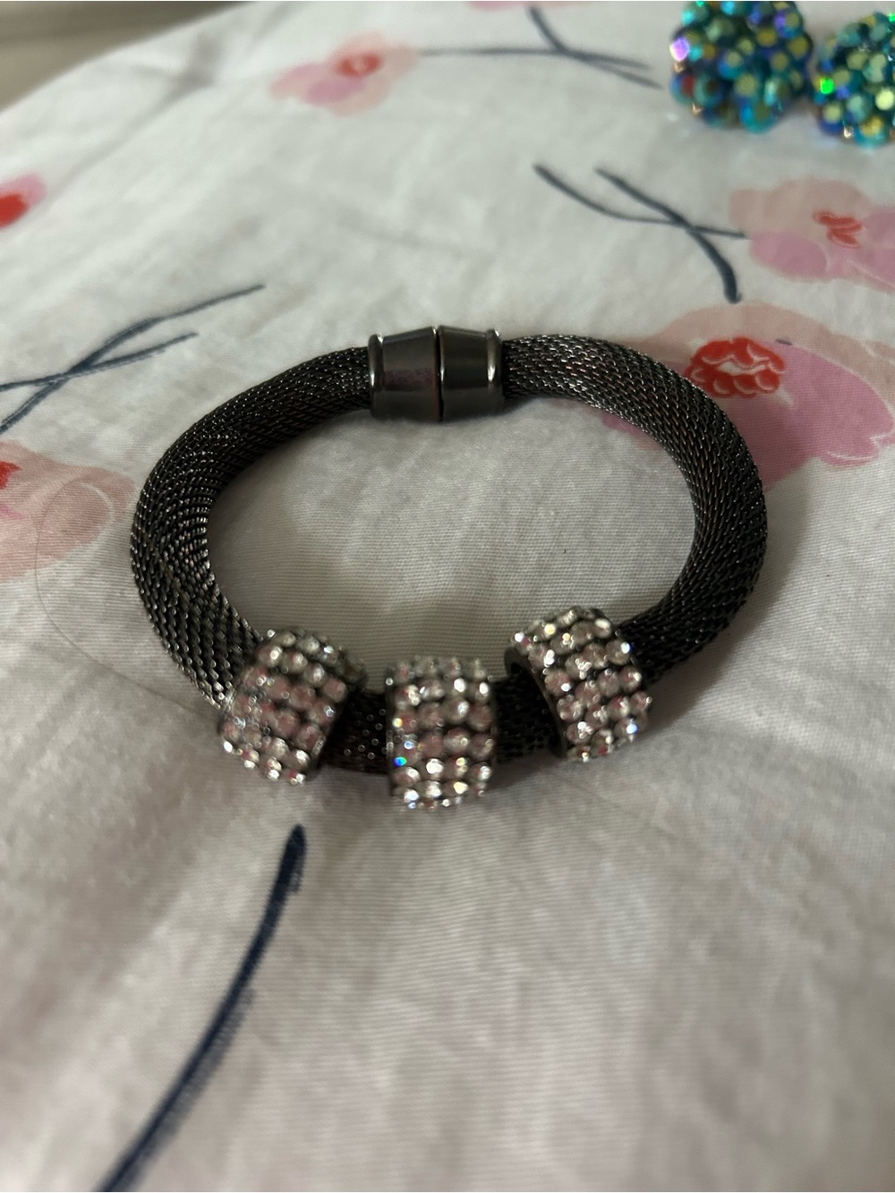 Gunmetal Mesh Bracelet with Clear Crystal Rondelle Beads